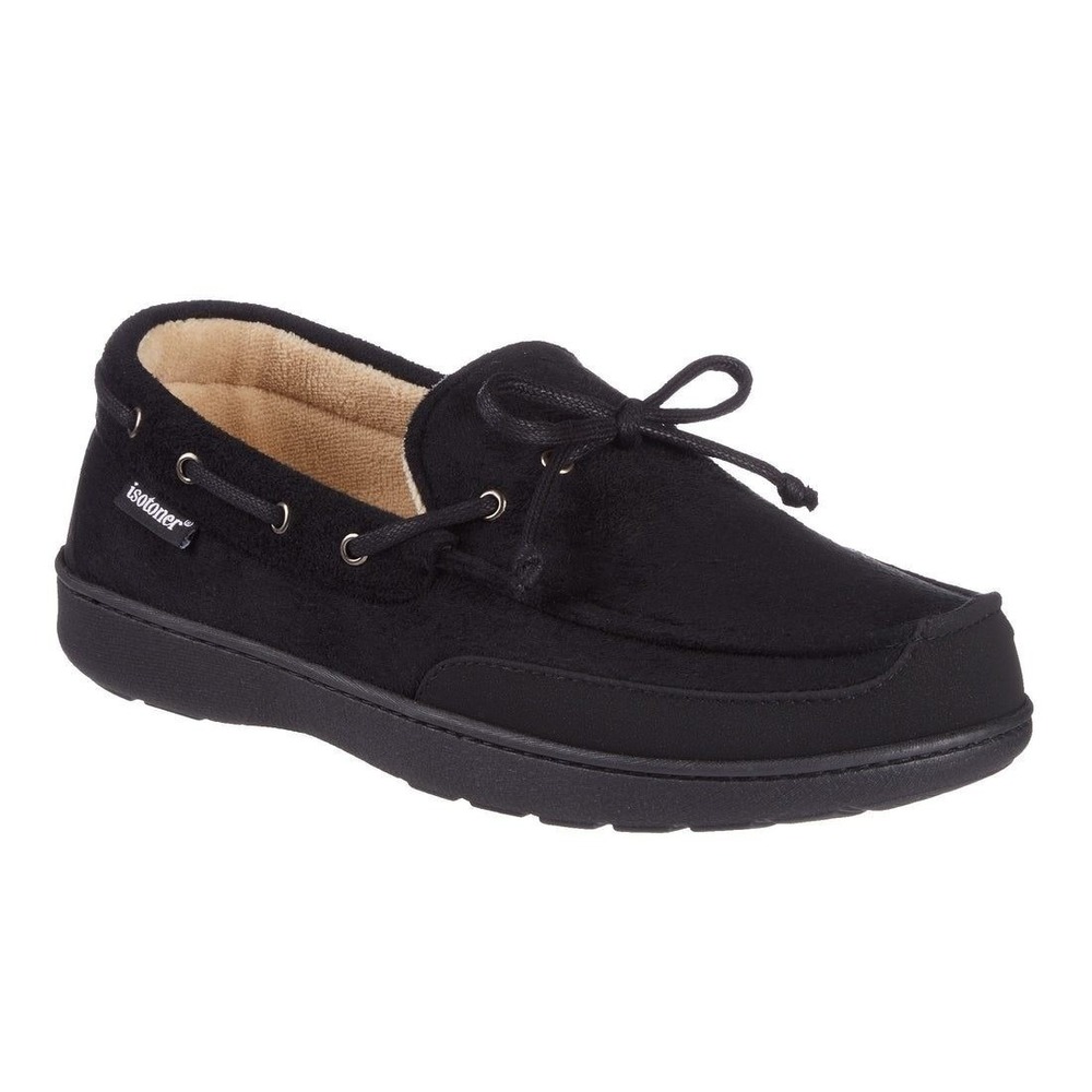 Isotoner Moccasin Slippers Mens Microsuede Foam Indoor Outdoor Black Medium 8-9
